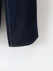 SHEIN 2pcs/Set Teen Girl Navy Blue Denim Lapel Long Sleeve Cropped Jacket & Pleated Wide Leg Pants,Korean Style Denim Set, Two Piece Denim Set, Wide Leg Jeans Kids Jean 2 Piece Set Fall Winter