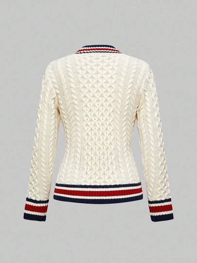 ROMWE Avant Pull-over à col en V avec numéro brodé et couleur contrastée, idéal pour la rentrée scolaire pour femmes