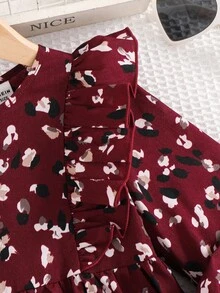 Emery Rose Kids Emery Rose Kids 年轻女孩夏季/秋季全身印花荷叶边荷叶边袖连衣裙，非常适合夏季和秋季休闲日常穿着和学校日常穿着，妈妈和女儿和姐妹搭配 - 紅色 - 查看 4