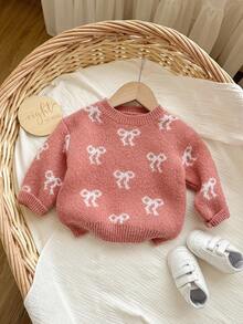 SHEIN 女婴冬季秋季蝴蝶结图案毛衣 - 粉色 - 查看 3