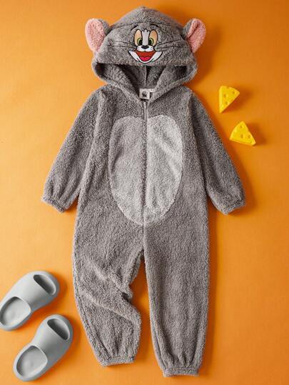 TOM & JERRY X SHEIN Mono de peluche con bordado de orejas 3D de dibujos animados para niño pequeño, para otoño/invierno