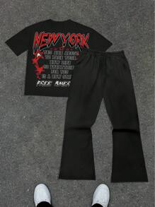 Manfinity Roghcode 2 件男士字母与自由女神像图案美式街头风格圆领短袖 T 恤和喇叭裤套装 - 彩色 - 查看 2