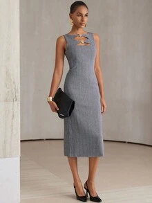 Aveloria Modichic Vestido Feminino de Moda com Estampa Espinha de Peixe, Decoração de Concha Metálica, Decote Vazado, Sem Mangas, Comprimento Até o Joelho - Cinza - Visão 7