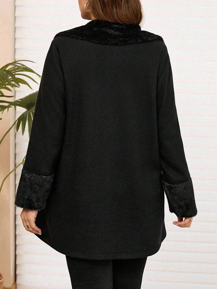 Plus Size Women Solid Color Patchwork Faux Fur Collar Long Sleeve Zipper Front Casual Winter Overcoat, Autumn/Winter, New,