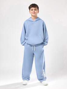 SUMWON 两件套运动服连帽衫慢跑套装，现代Logo设计，休闲街头风，舒适秋冬系列 - 藍色 - 查看 2