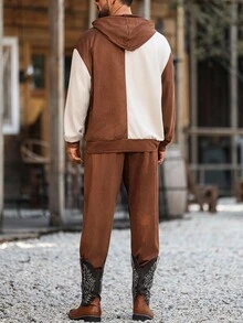 Manfinity Nomadique Men's Contrast Color Pocket Hooded Long Sleeve Sweatshirt And Sweatpants Set, Hoodie And Sweatpants Two Piece Set, Fall Clothes - Brown - View 2