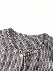 Ellevyn Women's Elegant Sleeveless Round Neck Black & White Ribbon Pearl Button Blouse