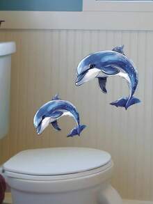 Glow-In-The-Dark Dolphin Toilet Stickers - 7.87x11.81inch PVC Bathroom Decor, Self-Adhesive Whimsical Blue & Black Dolphin Design For Home, Bathroom, And Toilet Decoration, Toilet Stickers Decals Fall Decor Bathroom Accessories - Multicolor - View 4