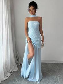 SHEIN PETITE Váy xẻ tà sang trọng, không dây, eo thắt eo - Màu xanh lam - Xem 3