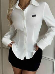 Attitoon California Letter Embroidered Patch Casual Waist Cinched Long Sleeve Button-Up Shirt For Women, Suitable For Autumn/Winter Chic Blouses For Women