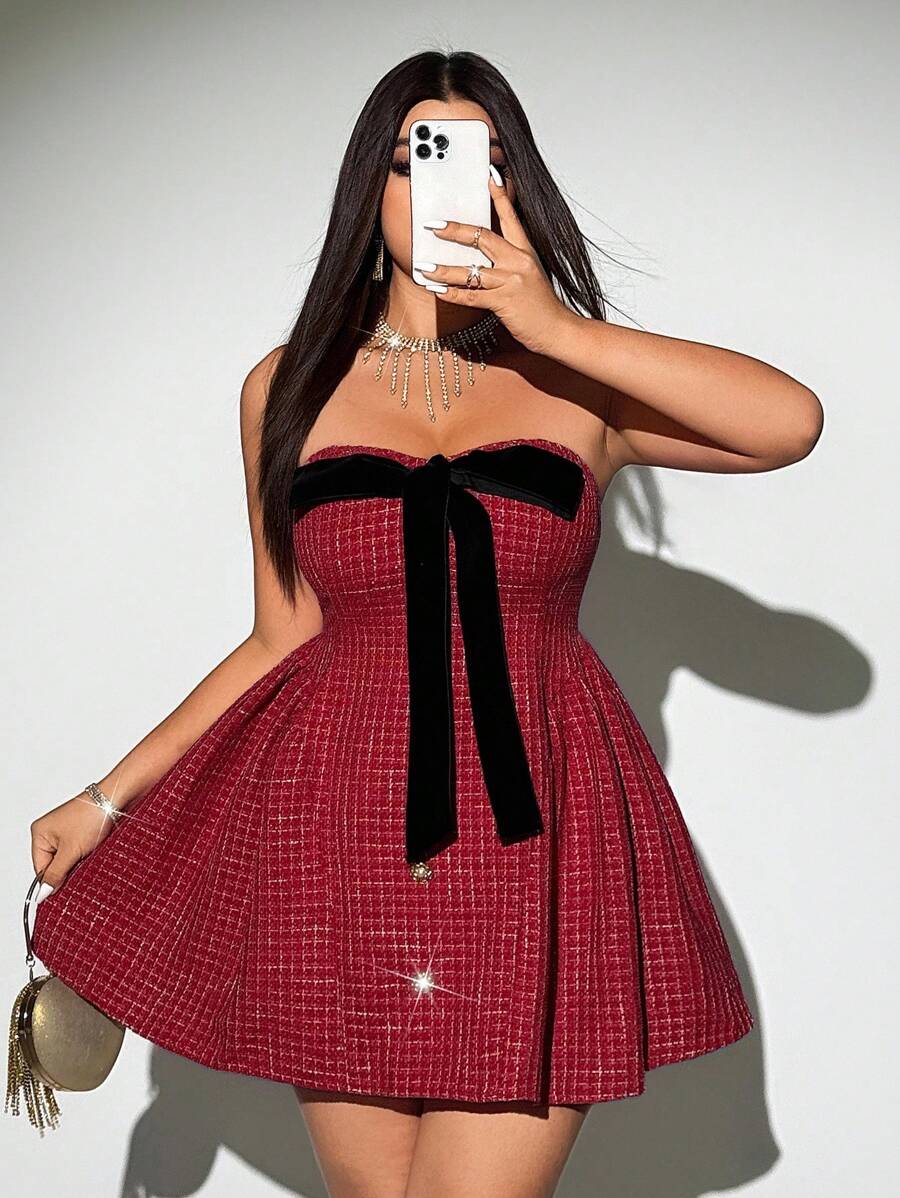 Viva Relle Abito mini tubino in maglia a quadri vintage rosso con fiocco, abito per Capodanno, abito, abito da festa, abito invernale, abito in maglia, abito a maniche lunghe, abito da donna, abito bordeaux, abito da festa - Rosso - Visualizzare 1