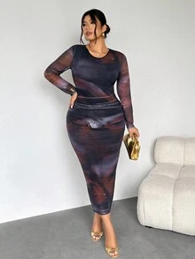 Firerie 优雅长袖扎染印花褶腰长裙不对称领长袖优雅约会夜裙网眼弹性面料大码女式连衣裙/休闲时尚度假返校长裙 - 彩色 - 查看 4