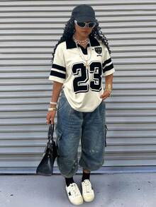 INAWLY Women's Casual Colorblock Striped Numeric Print T-Shirt