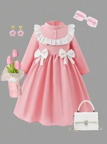 Süßes, niedliches Mädchenkleid mit Rundhalsausschnitt, Langarm und Schleifen-Dekor, in Rosa - Pink - Übersicht 2