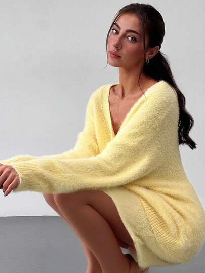 Aloruh 1 Set Women Pale Yellow Oversized Drop Shoulder Long Sleeve Cardigan + Short A-Line Hem Knit Skirt Sweater Two Pieces Outfit In Fall/Winter