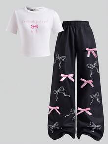 SHEIN ChillGRL 青少年女孩标语蝴蝶结印花圆领短袖T恤和阔腿裤套装 - 黑與白 - 查看 6
