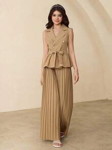 优雅两件套：卡其色休闲褶皱上衣和高腰褶皱长裤，适合少女穿着 - 卡其色 - 查看 3