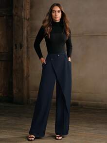 Anewsta 女士休闲不对称下摆宽松直筒裤，适合通勤、春秋季