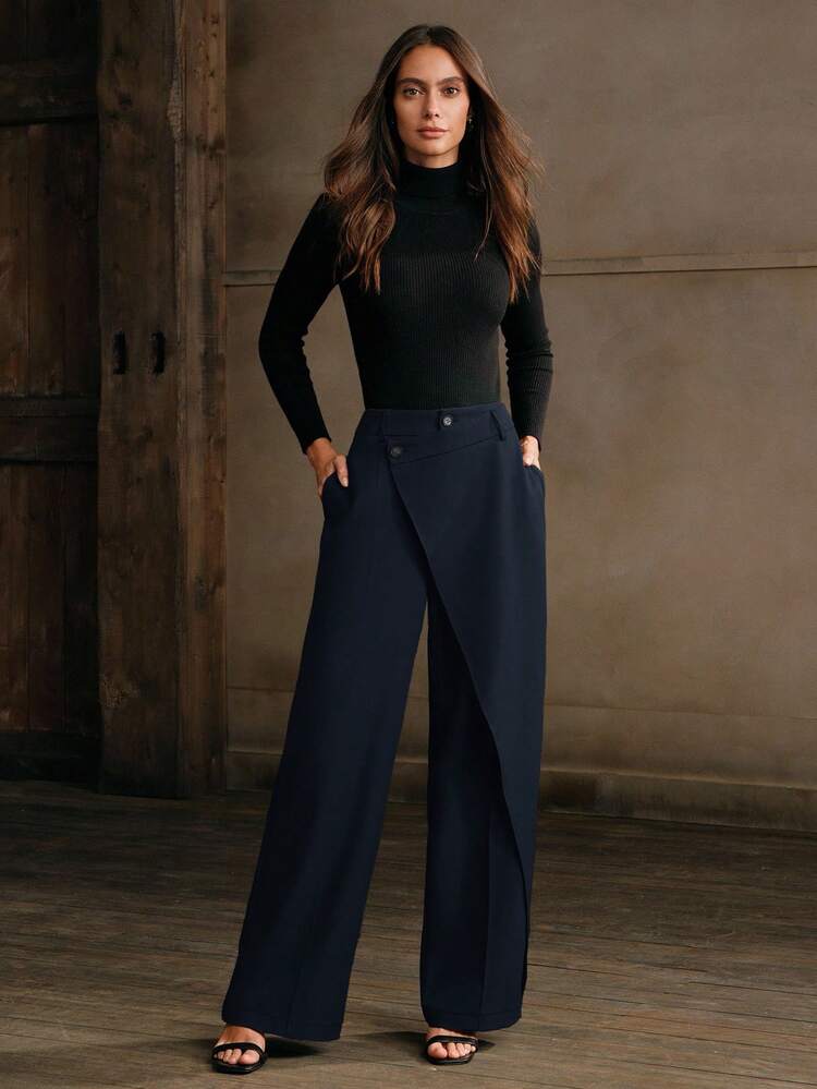 Anewsta Essential 女性用カジュアル アシンメトリーヘム リラックスフィット ストレートレッグパンツ、通勤に適し、春秋シーズン向け
