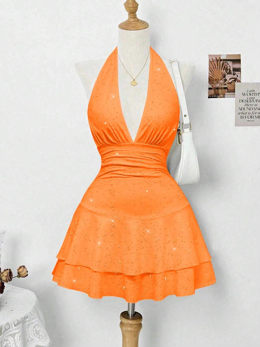 SHEIN Clasi Đầm cổ yếm đính sequin thanh lịch dành cho nữ, thích hợp cho kỳ nghỉ và tiệc tùng - trái cam - Xem 1