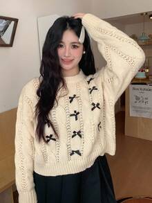Dazy Plus 圆领针织蝴蝶结装饰长袖毛衣，大码女款，春秋季 - 杏色 - 查看 6