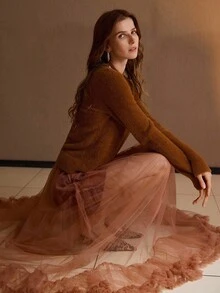 MOTF PREMIUM CONTRAST MESH RUFFLE HEM SKIRT - Rust Brown - View 4