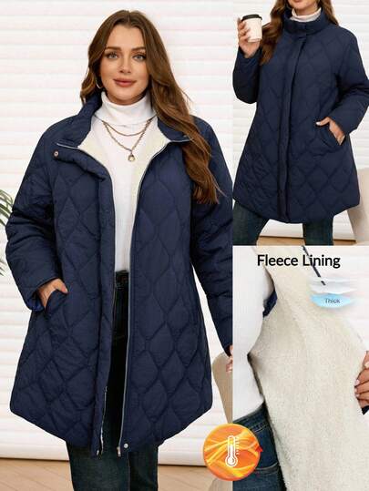 Rosumi Chaqueta casual de invierno con bolsillos y cremallera delantera de manga larga y unicolor para mujer de talla grande