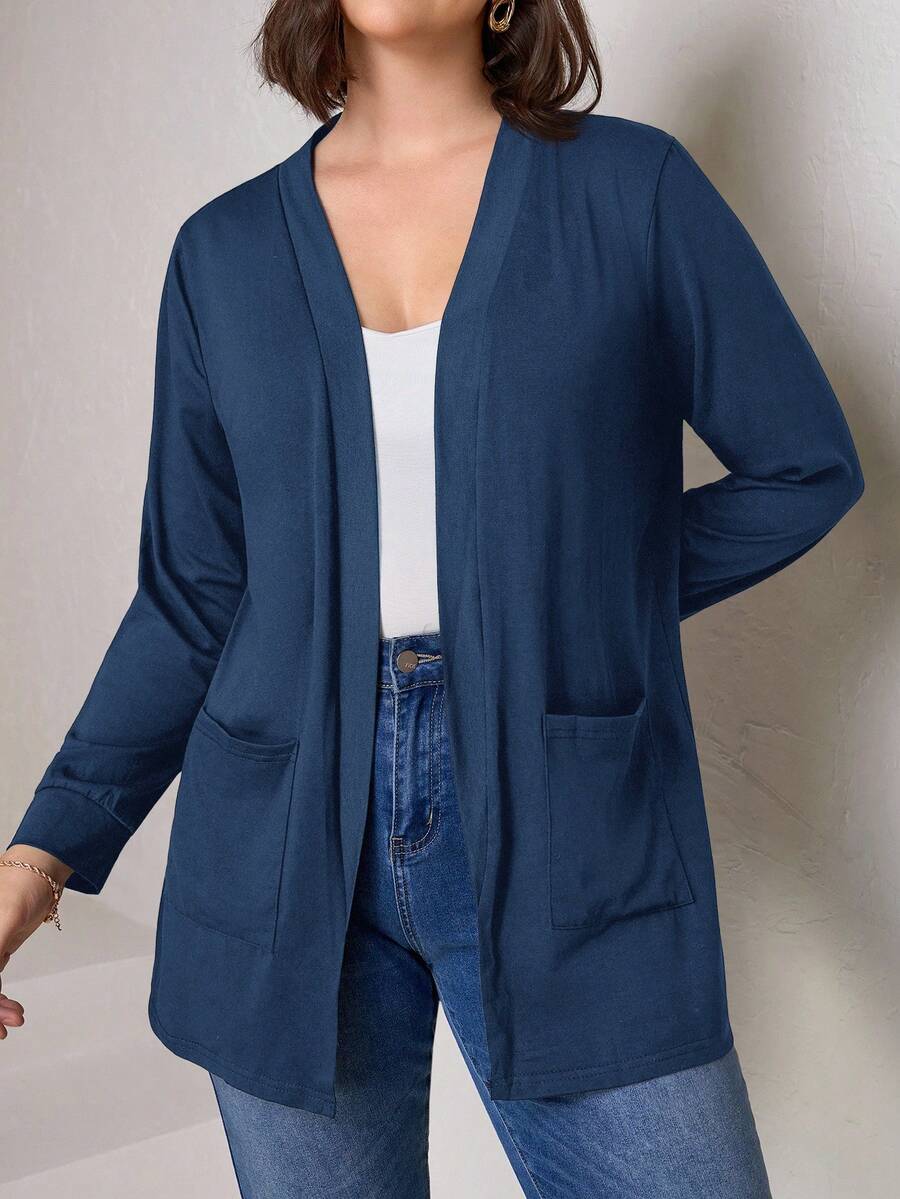 Chikora Plus Size Black Knit Pocket Loose Fit Cardigan With Pockets,Business Casual Woman Winter Fall Autumn - Dusty Blue - View 1