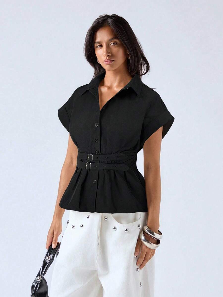 LYSMO 女士黑色金属装饰腰带，适合工作衬衫 - 黑色 - 查看 1