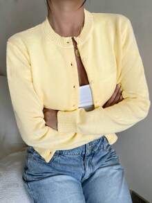 SHEIN Teen Girls Yellow Cardigans Knitwear Casual Solid Color Round Neck Long Sleeve Loose Cropped Girl Cardigan Sweater, Warm Comfort, Cozy Chic, Daily Commute,Halloween,Fall,Winter,Autumn,Christmas,Y2k,Summer