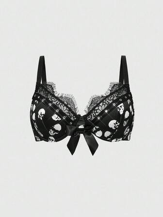 Soutien-gorge à armatures avec imprimé crâne gothique et dentelle contrastée, grande taille, Halloween
