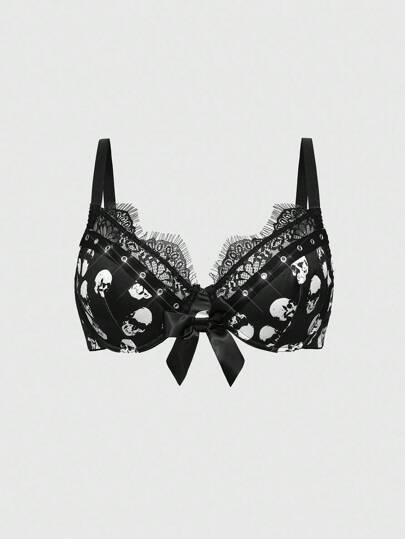 Plus Size Gothic Skull Print Underwire Contrast Lace Bra, Halloween