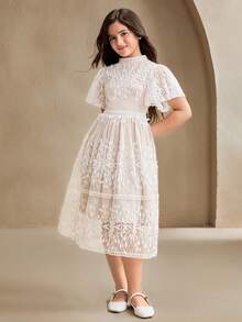 SHEIN Elegante vestido de princesa de encaje para la fiesta de cumpleaños de una niña preadolescente - Albaricoque - Ver 3