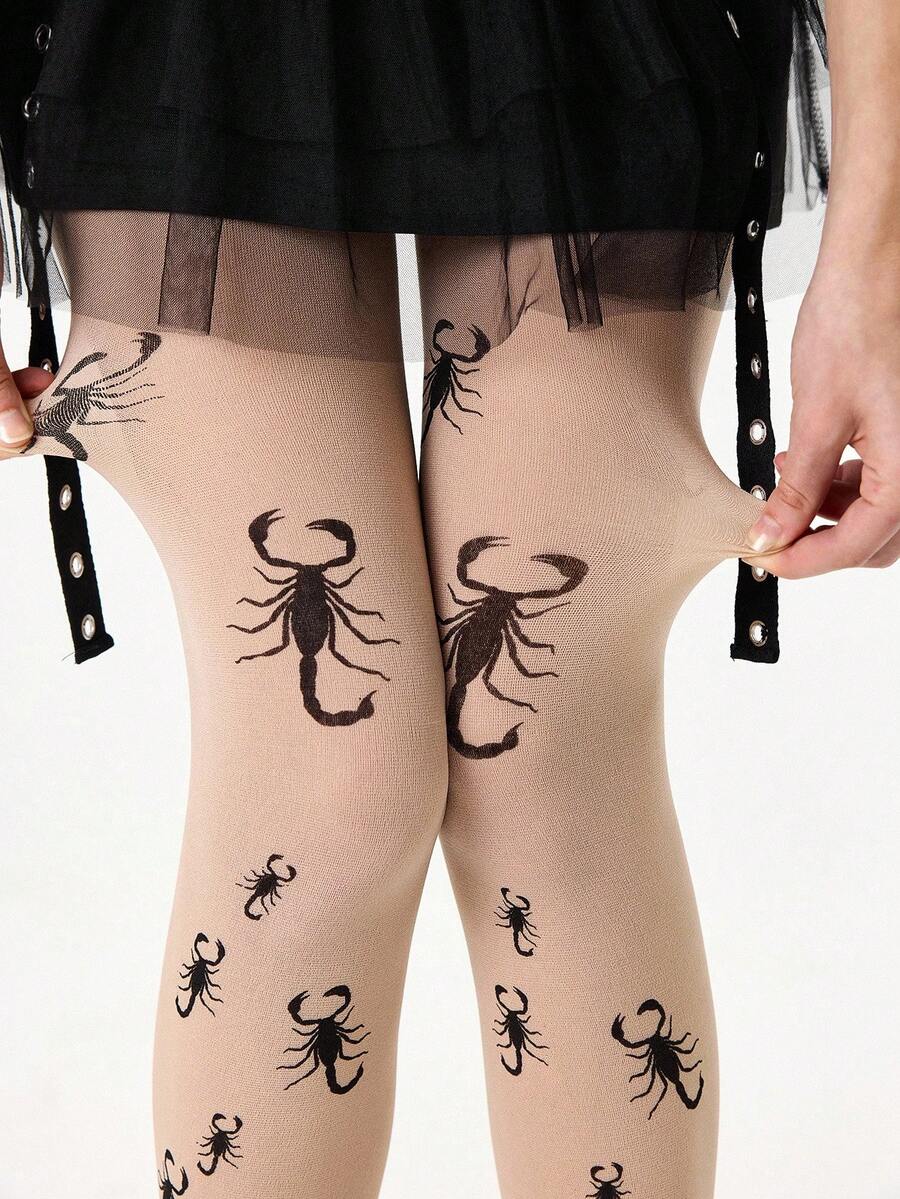 ROMWE Grunge Punk 1 Pair Gothic Style Centipede Pattern Beige Pantyhose - Beige - View 1