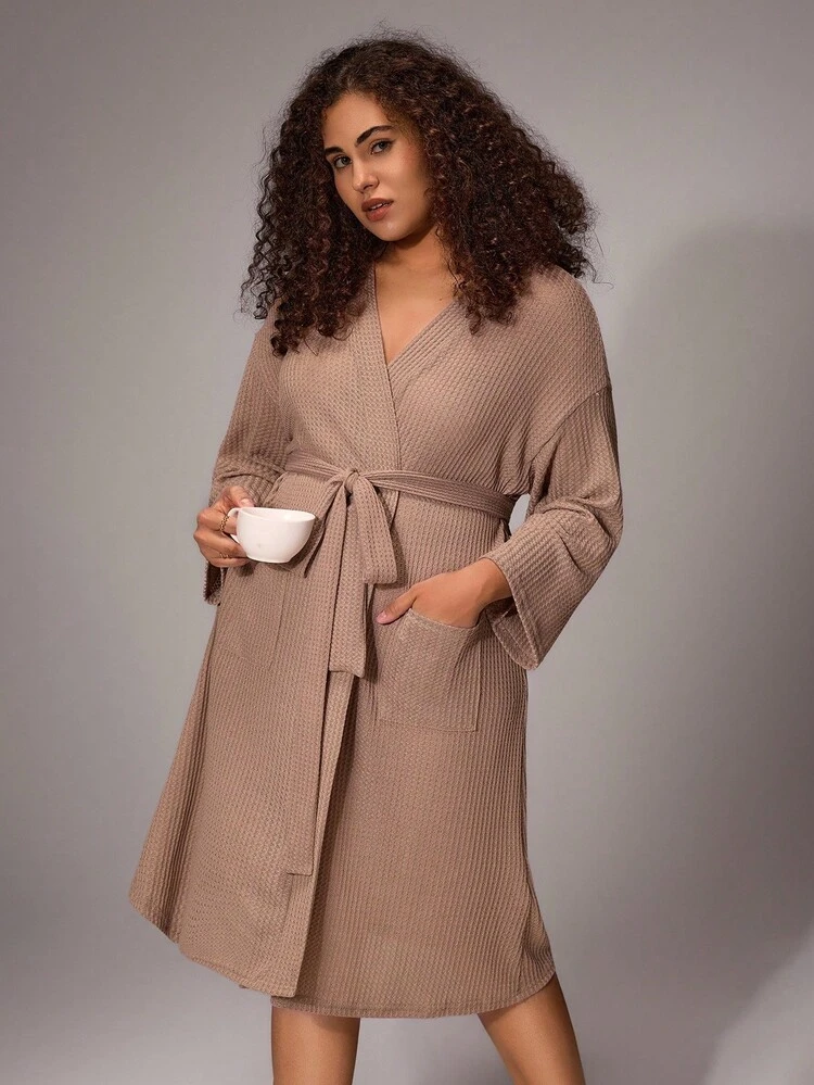 Plus Double Pocket Drop Shoulder Waffle Knit Belted Robe, Cozy And Elegant, Fall & Winter Outfits
