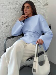 Aloruh 女士船领喇叭袖短款褶皱办公衬衫，优雅女式衬衫 - 淺藍色 - 查看 6