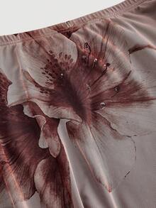 SHEIN MOD Women's Brown Printed Knit Skirt,Semi-Sheer Mesh Fabric With Scalloped Ruffle Trim - Brown - View 3