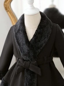 SHEIN Young Girl Elegant & Cute Black Faux Fur Collar Belted Jacket, Versatile,In Fall/Winter - Black - View 6