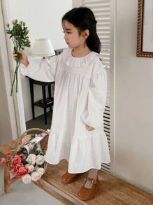 Dazy Kids Young Girl Fashionable Versatile Solid Color Ruffle Hem Dress, Autumn - White - View 5
