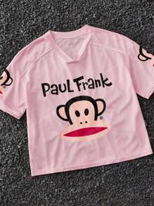 Paul Frank X SHEIN Camiseta de jersey con cuello en V y estampado de mono para niña preadolescente, camiseta con estampado animal de otoño - Rosa - Ver 2