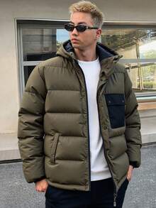 EURMUSE Men High Quality Big Pockets Regular Hooded Wintercoat - Dark Green - View 1
