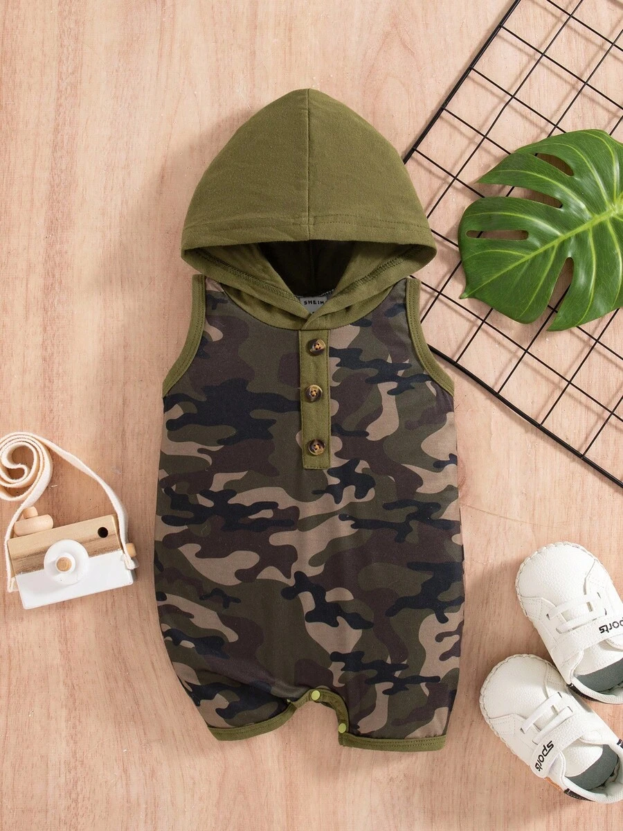Baby Boy Camouflage Print Button Half Placket Hooded Romper Shorts - Army Green - View 1