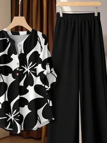 Rusticease 2pcs Women Floral Print Halter Neck Top And Solid Color Wide Leg Pants Set - Khaki - View 3