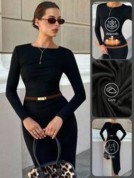 Lavishia Vestido Longo de Manga Longa com Gola Careca, Ajustado, Macio e Amigável à Pele, Alta Elasticidade, Cor Marrom Mocha, Adequado como Camada Base para Outono/Inverno