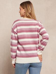 Amorya Women's Contrast Color Drop Shoulder Scalloped Hem Sweater, Long Sleeve Top In Fall/Winter - Multicolor - View 2