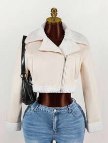 Amplova 女士短款毛领绒面革夹克 - 杏色 - 查看 1