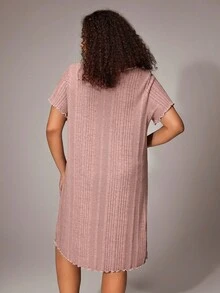 SHEIN Plus Size Women Knit Casual Ribbed Ruffle Trim Round Neck Short Sleeve Nightgown - Dusty Pink - View 2