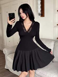 Feyla Casual Solid Pleated Lace Collar Women's Dress,Back To School,Back To School Outfit ,Fall Clothes For Women