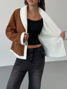Aloruh Women's Contrast Color Collar Suedette Long Sleeve Jacket Fall Autumn, Back To School Homecoming - Khaki - View 3