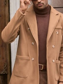 Manfinity NXTstreet Áo khoác ngoài nam dáng suông hai hàng cúc, màu trơn, kiểu dáng châu Âu thu đông, màu be. - Màu Khaki - Xem 4